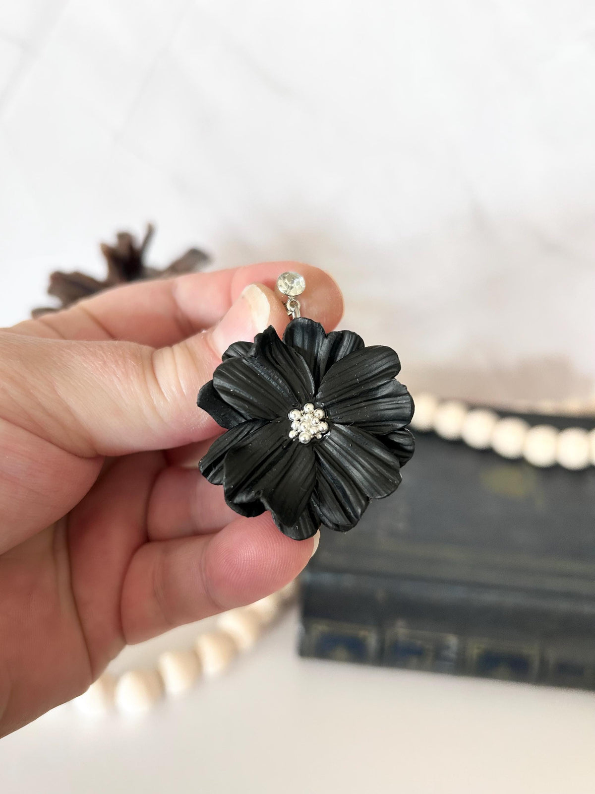 Black Dangle Flower Earrings, Big Floral Drop Dangles, Silver Rhinestone Unique Statement Jewelry Gift