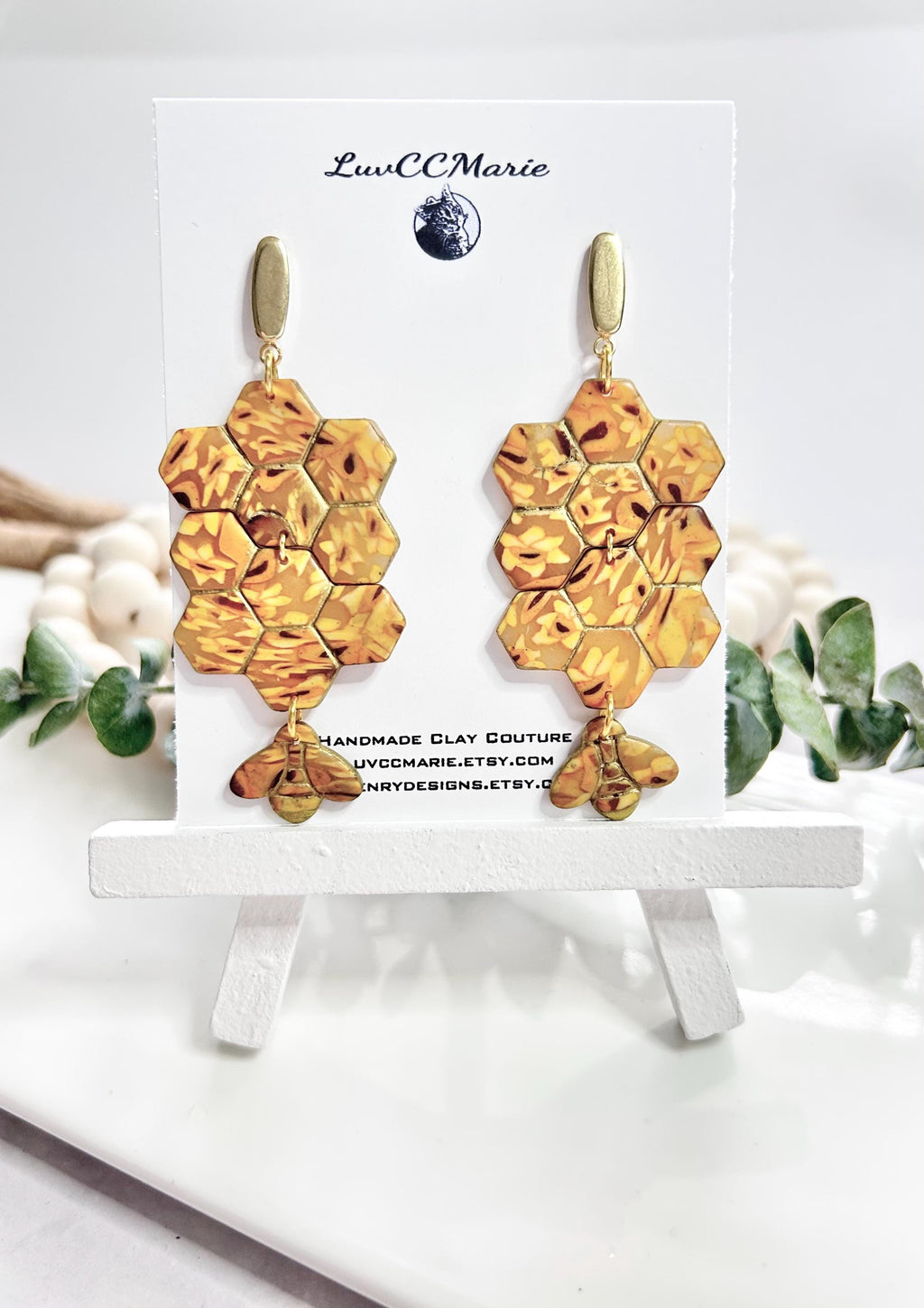 Honey Bee Earrings, Yellow Statement Stud Dangles, Mustard Honeycomb Handmade Clay Jewelry Gift