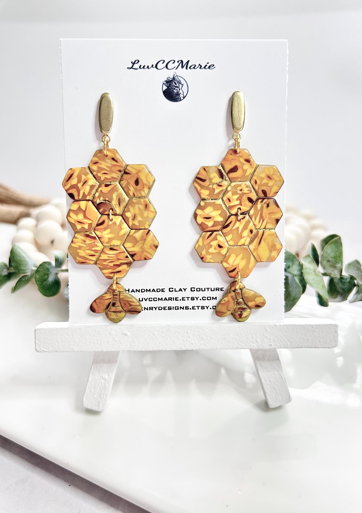 Honey Bee Earrings, Yellow Statement Stud Dangles, Mustard Honeycomb Handmade Clay Jewelry Gift