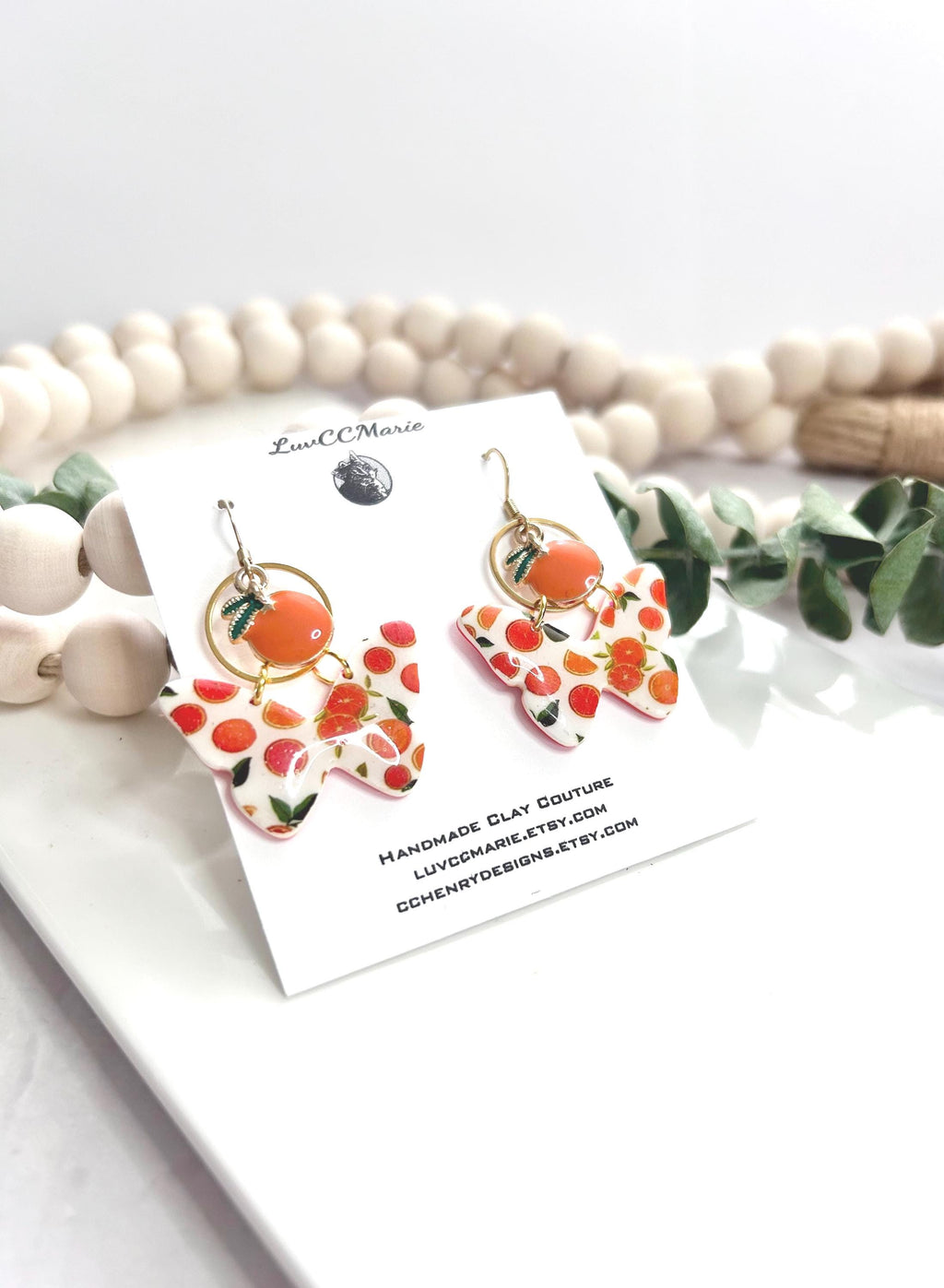 Orange Fruit Butterfly Earrings, Tangerine and White Clay Dangles