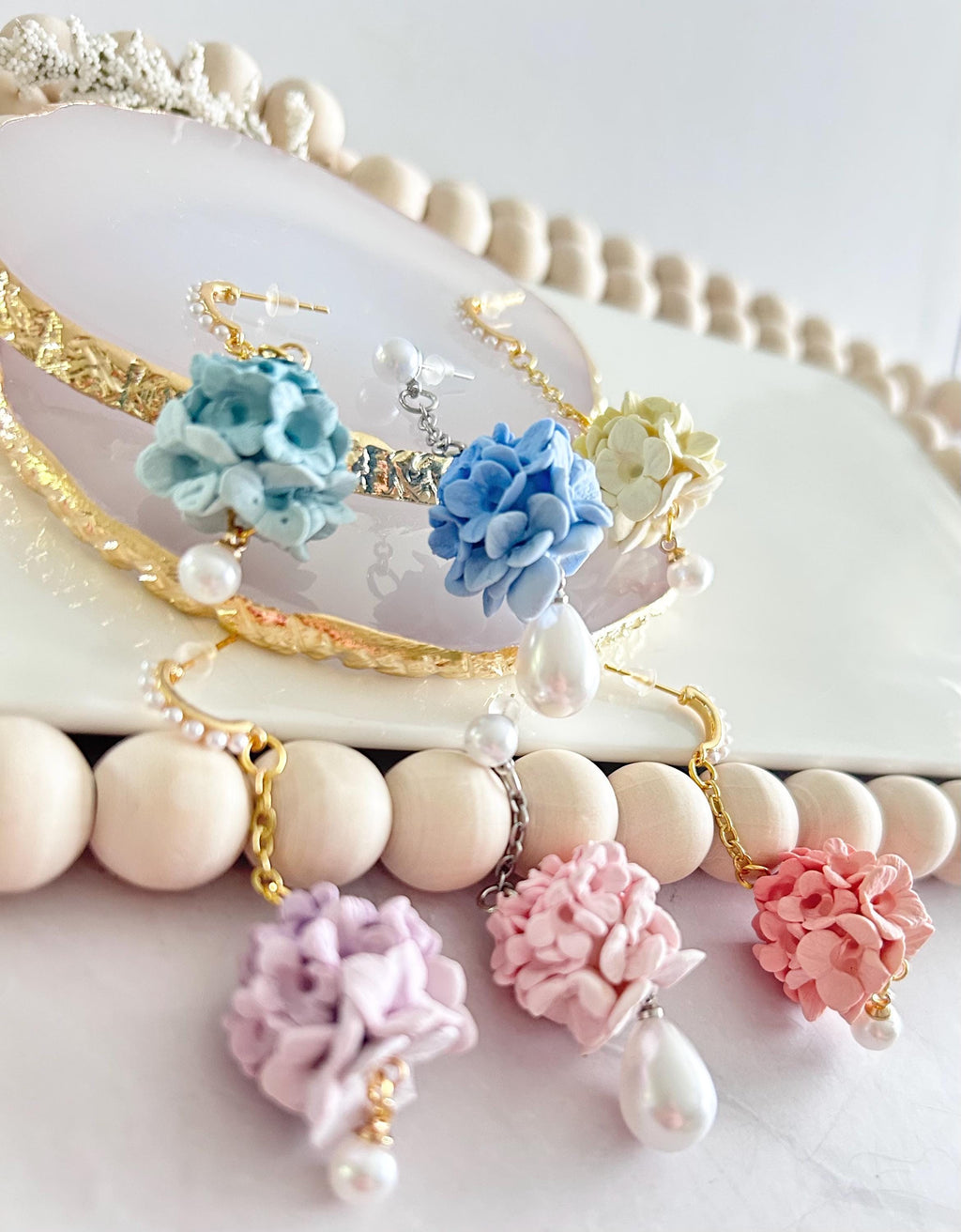 Hydrangea Earrings, Flower Cluster Clay Dangles, Pearl Chain Pastel Floral Drop Unique Wedding Jewelry