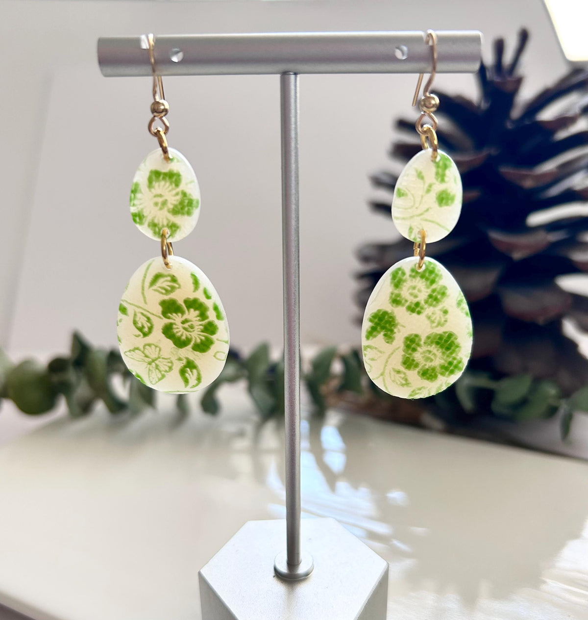 Bright Green and Sheer Cream Floral Clay Dangle Earrings, Handmade Jewelry