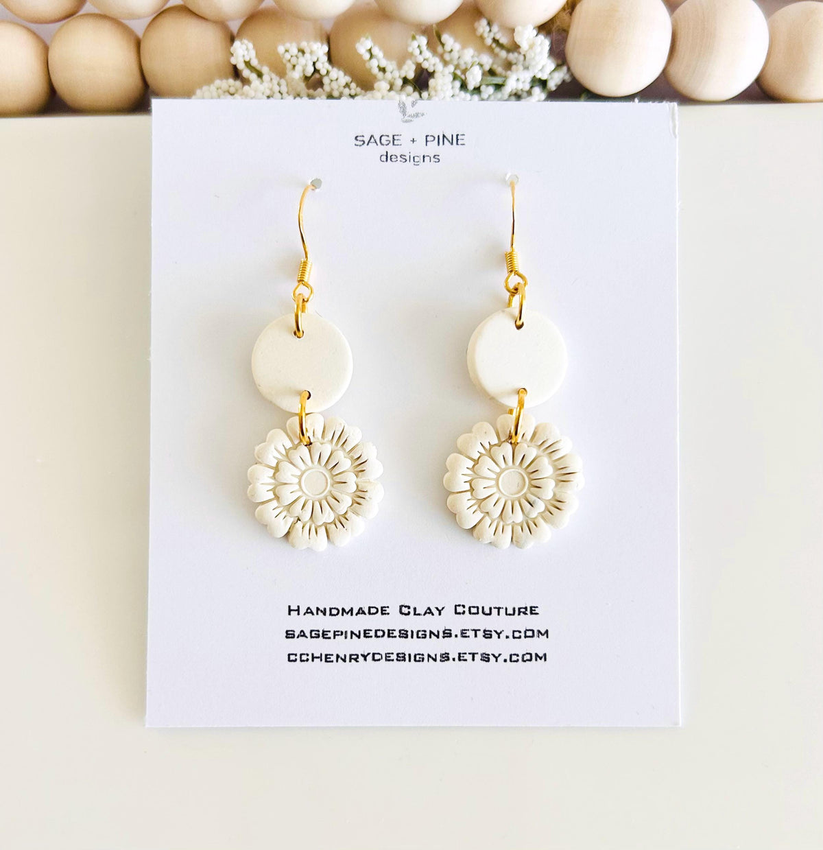 Creamy White Clay Earrings, Floral Embossed Drop Dangles, Handmade Fashion Boho Jewelry