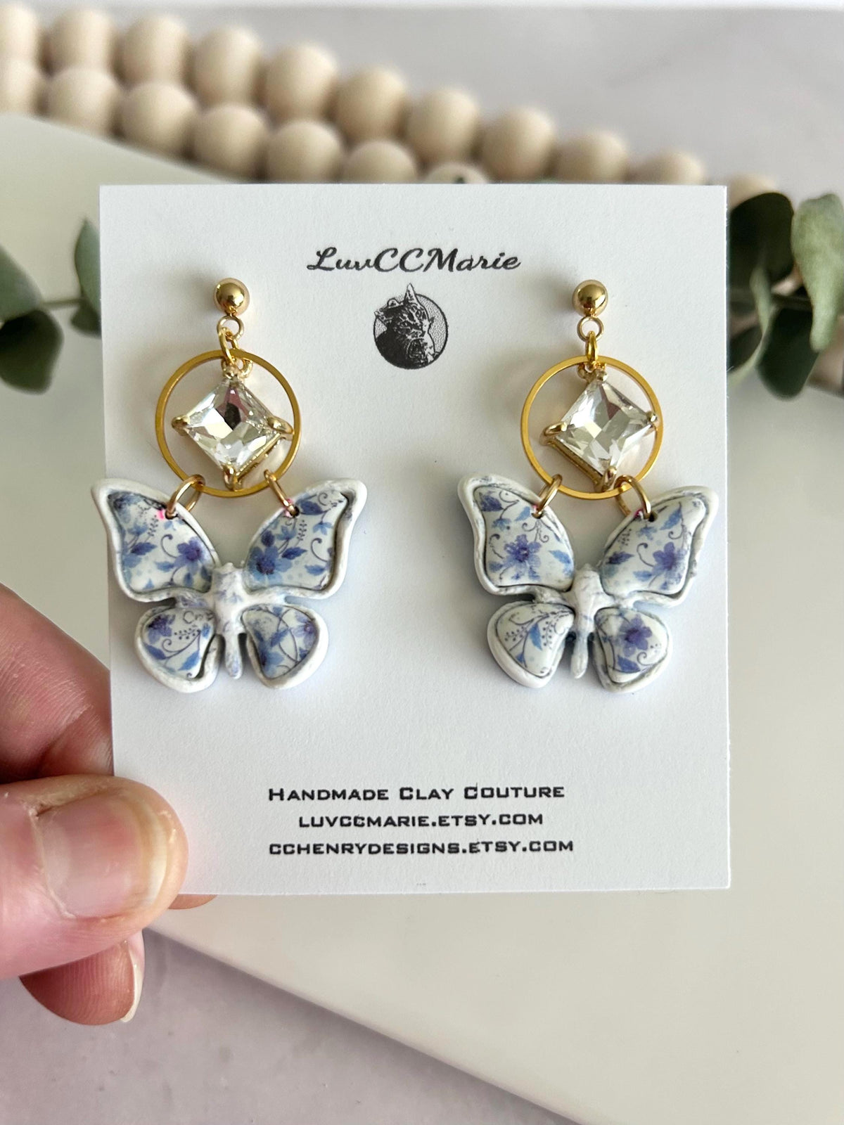 Blue Floral Butterfly Earrings, Chinoiserie Diamond Charm Dangles, Handmade Clay Boho Jewelry