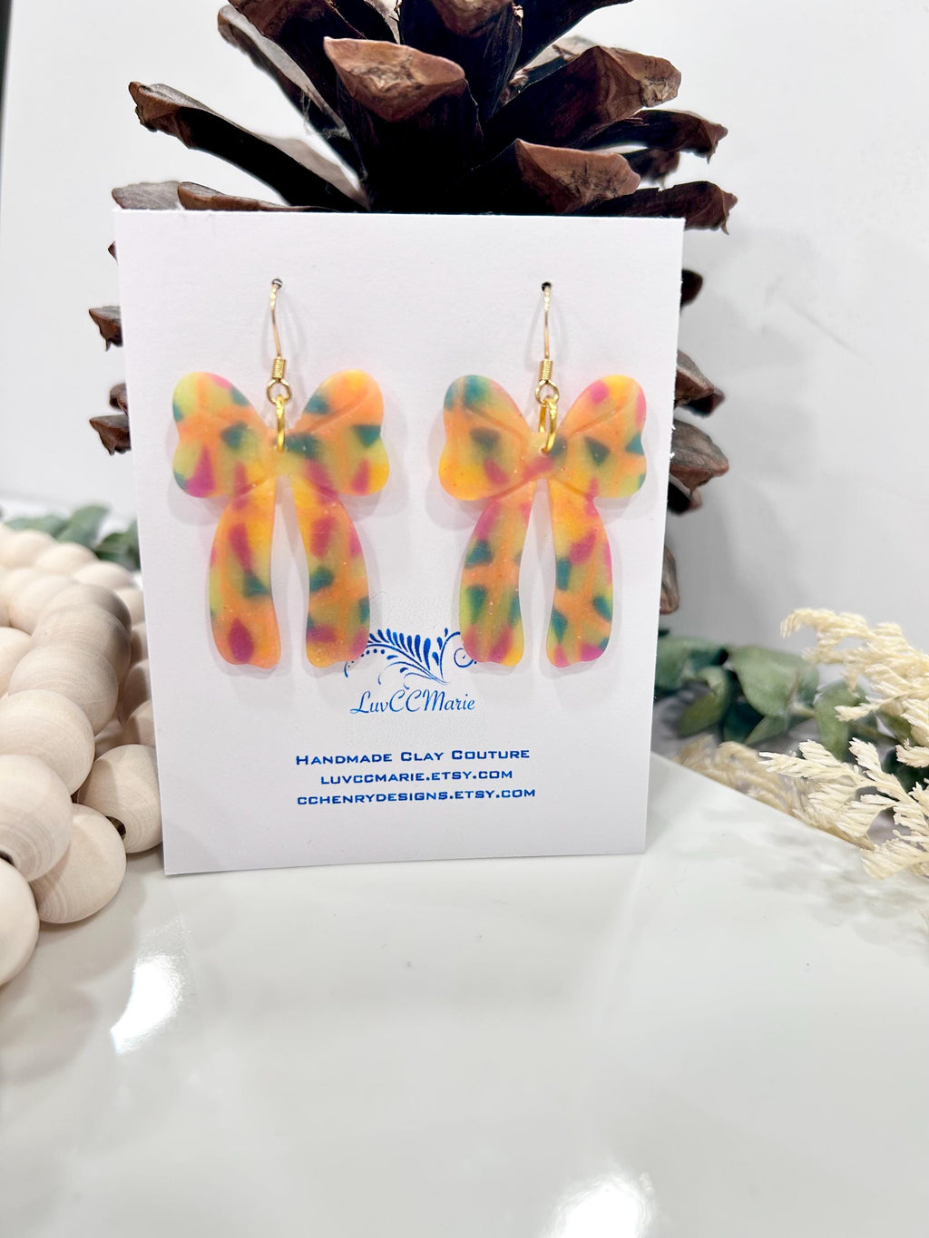 Neon Earrings, 80s Bow Hoop Dangles, Fluorescent Handmade Clay Jewelry Gift