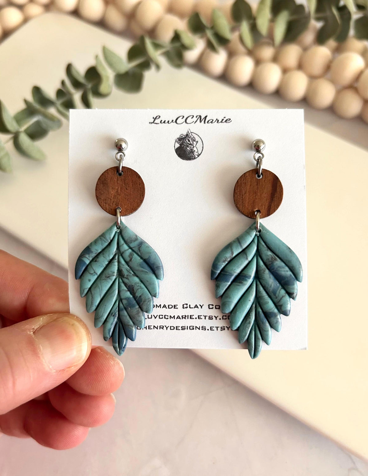Patina Blue and Brown Leaf Earrings, Walnut Wood Clay Dangles, Long Lightweight Boho Jewelry