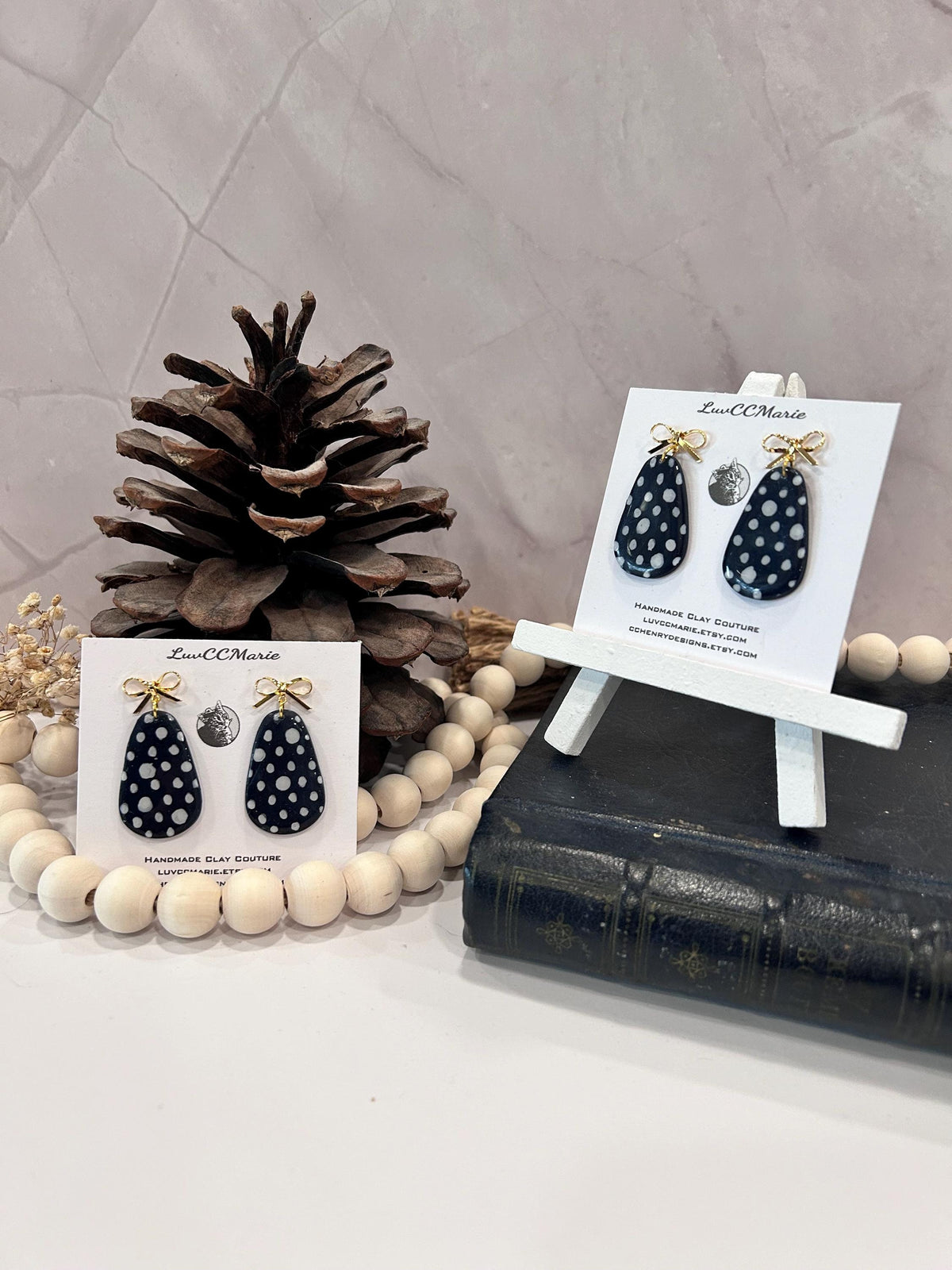 Hand Painted Navy Blue & White Polka Dot Earrings, Gold Bow Drop Dangles, Handmade Jewelry