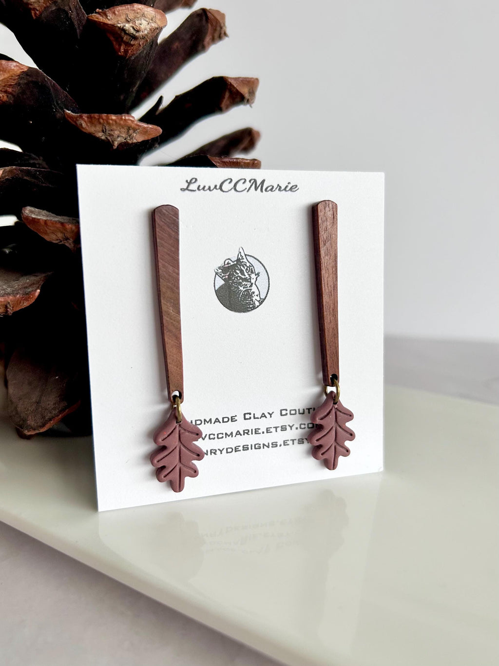 Handmade Clay Fall Leaf Earrings, Wood Bar Dangles, Brown Leaves Autumn Jewelry