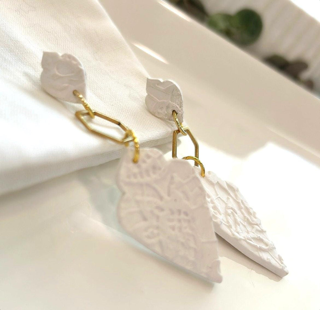 White and Gold Long Earrings, Modern Geometric Clay Dangles, Floral Embossed Handmade Jewelry