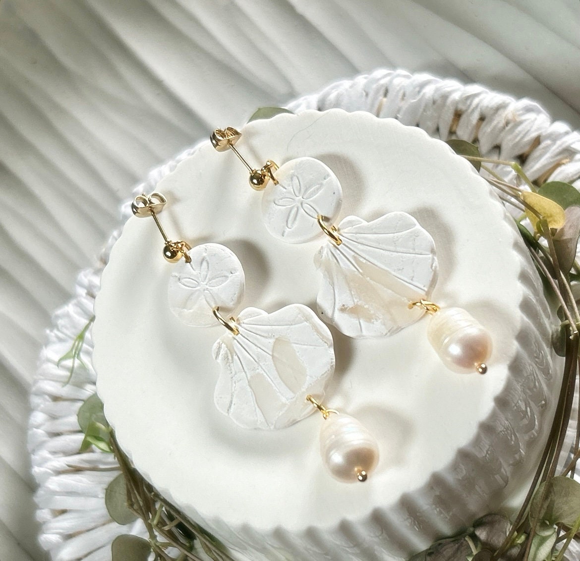 Seashell Earrings, Coastal Vacation Dangles, Beachy Sand Dollar Pearl Handmade Clay Jewelry Gift