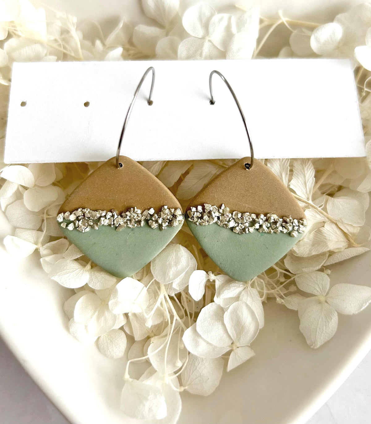Sage & Latte Dangles, Clay and Glass Dangle Earrings, Neutral Hoops, Handmade Fashion Boho Jewelry