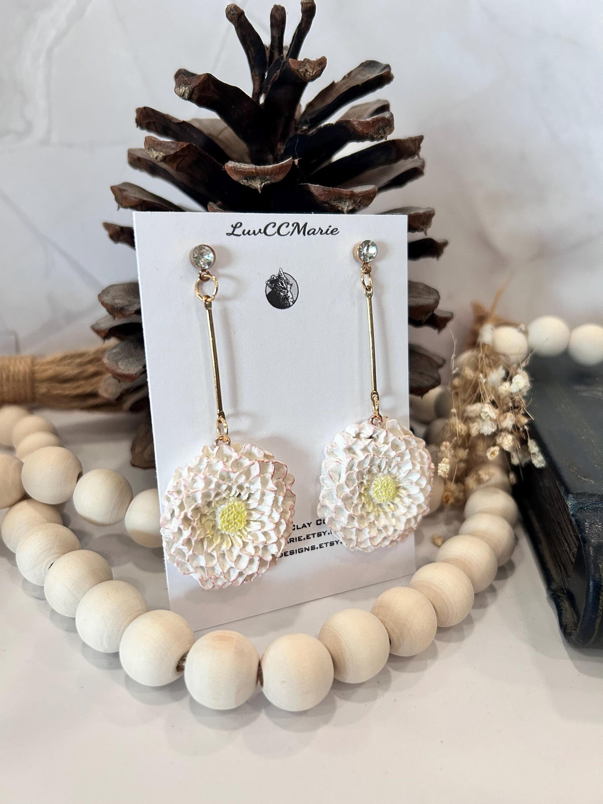 Handmade Black Dahlia Clay Earrings: Gold Floral Bar Dangles
