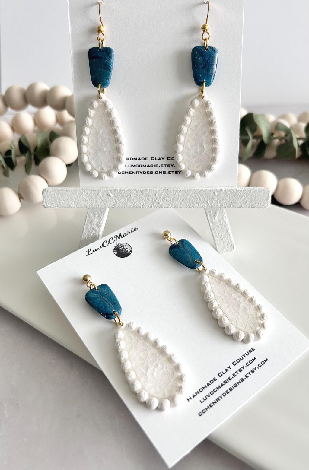 Teal and White Teardrop Earrings, Pearl Floral Clay Dangles, Handmade Bridal Coastal Jewelry