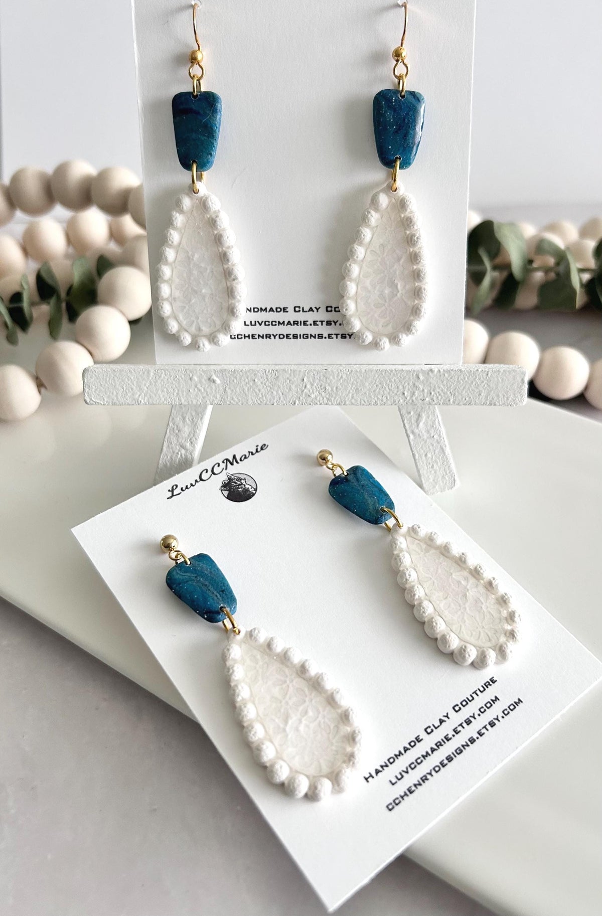 Teal and White Teardrop Earrings, Pearl Floral Clay Dangles, Handmade Bridal Coastal Jewelry
