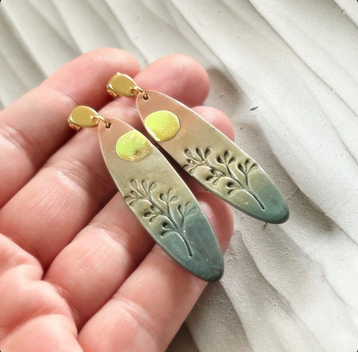 Surfboard Earrings, Orange and Green Moon Dangles, Embossed Clay Handmade Jewelry