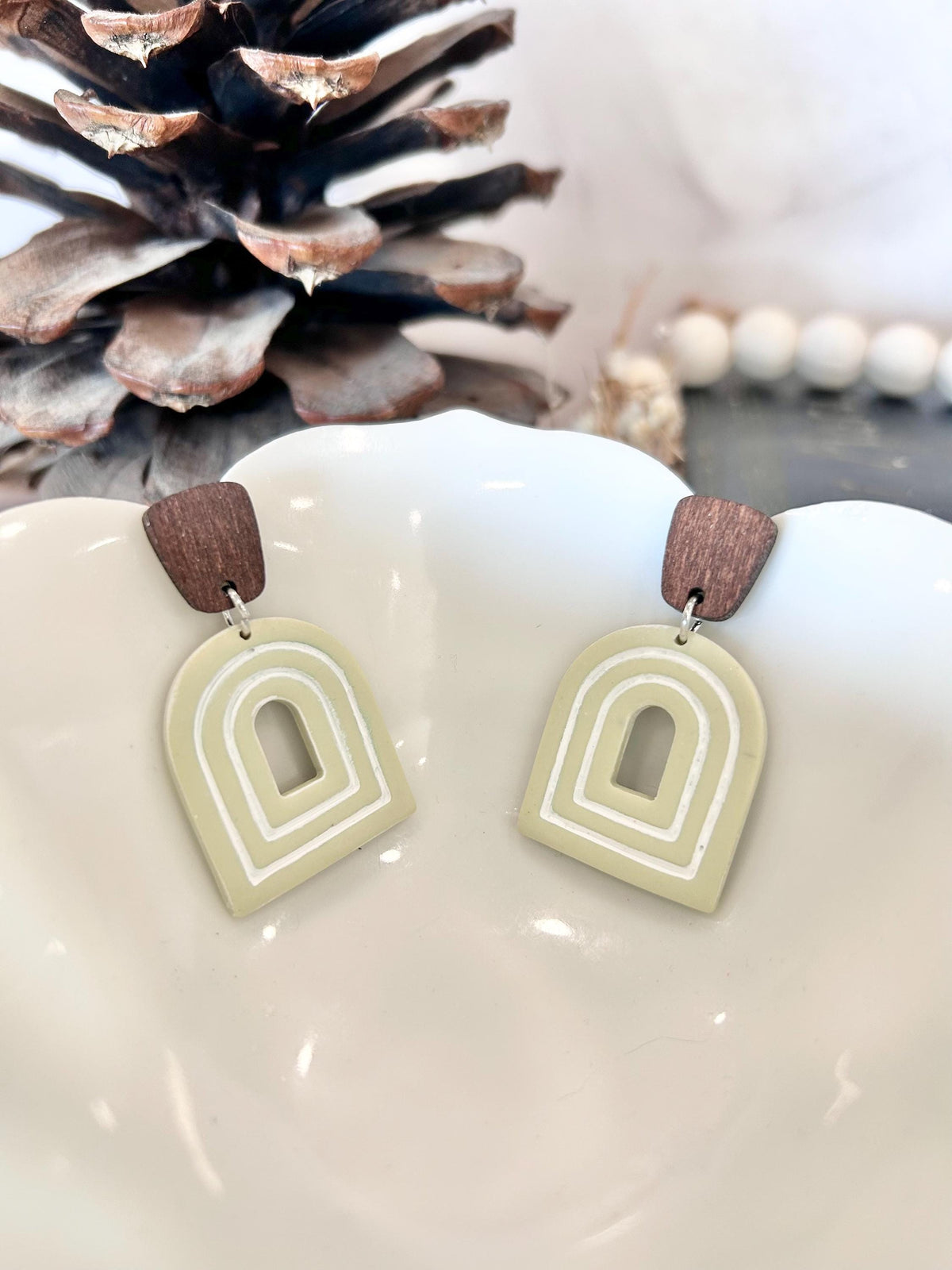 Sage Green and White Drop Earrings, Clay and Wood Arch Dangles, Handmade Jewelry