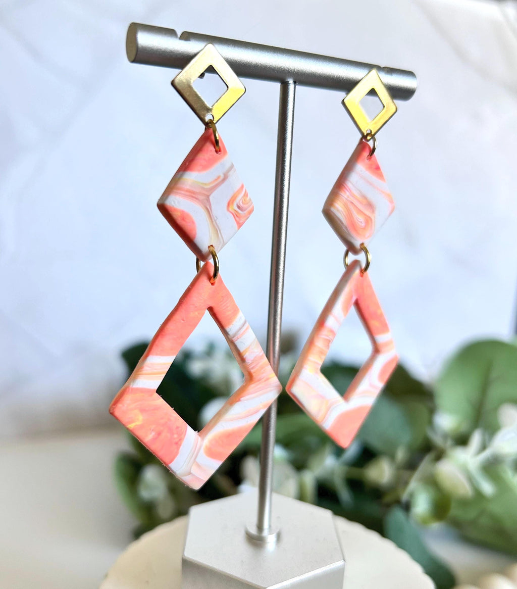 Coral Statement Dangle Earrings, Geometric Dangles, Handmade Lightweight Boho Jewelry
