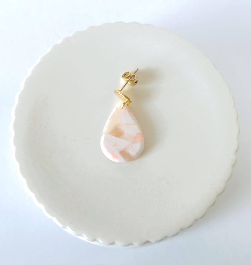 Peach and White Marbled Clay Drop Earrings, Teardrop Spring or Summer Dangles, Handmade Jewelry