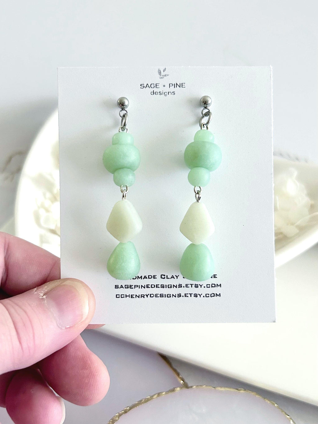 Jade Mint Beaded Dangles, Clay Drop Long Earrings, Light Green Modern Unique Handmade Jewelry