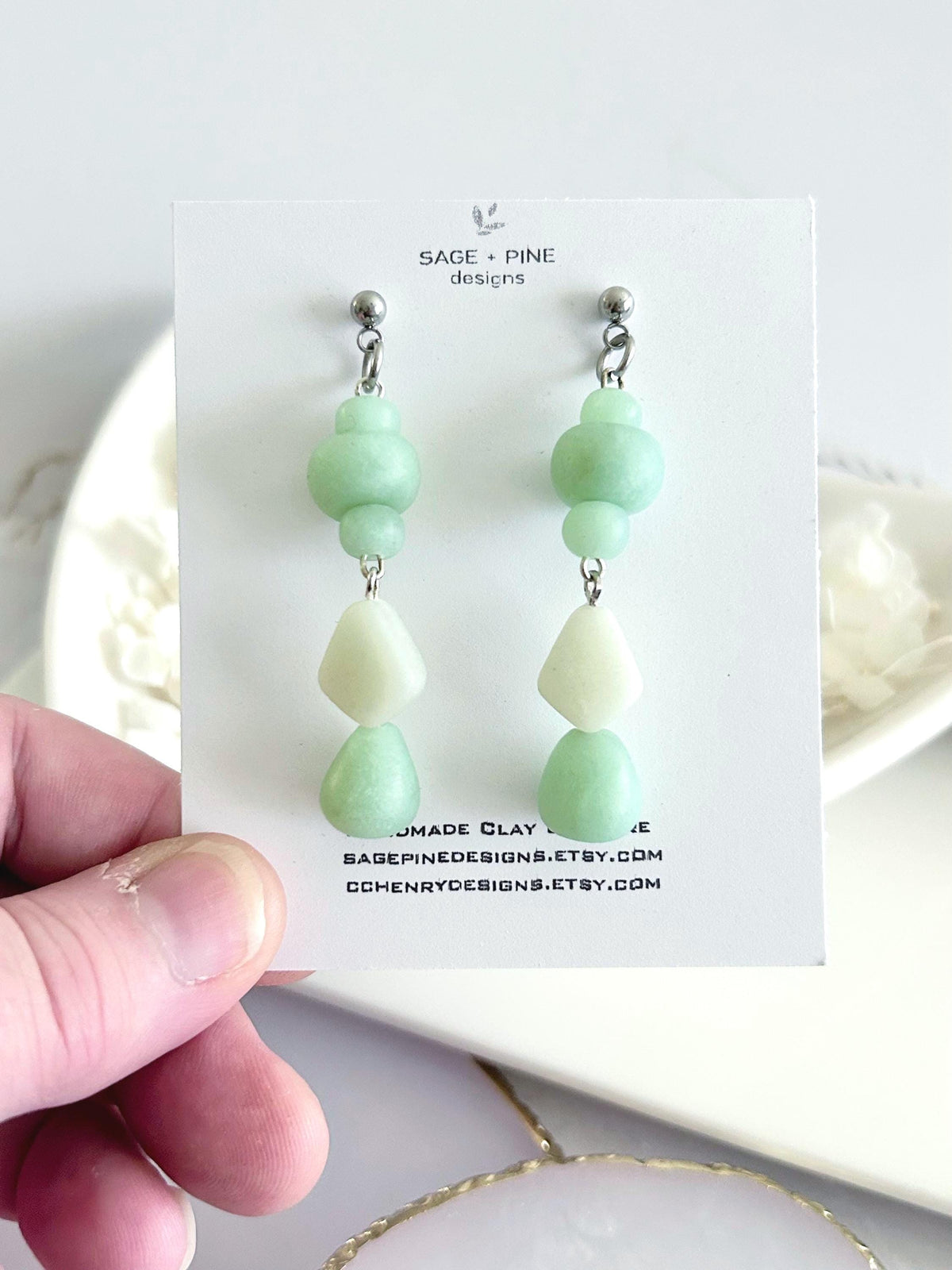 Jade Mint Beaded Dangles, Clay Drop Long Earrings, Light Green Modern Unique Handmade Jewelry