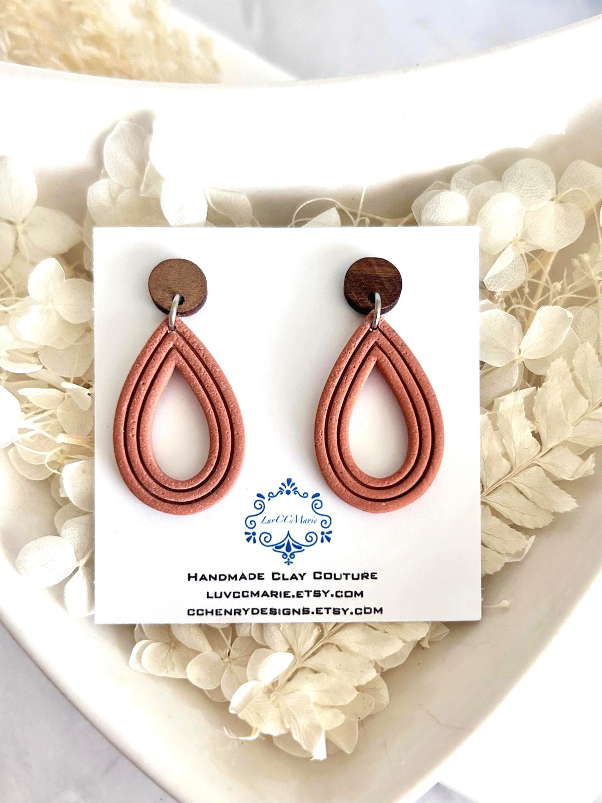 Rust Brown Terracotta Clay and Wood Dangle Earrings, Small Mexican Neutral Handmade Boho Jewelry