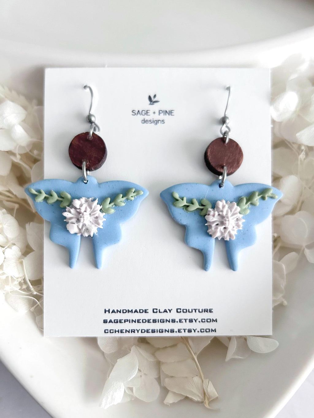 Handmade Clay Moth Earrings, Light Blue and White Floral Dangles, Pastel Wings, Wood Polymer