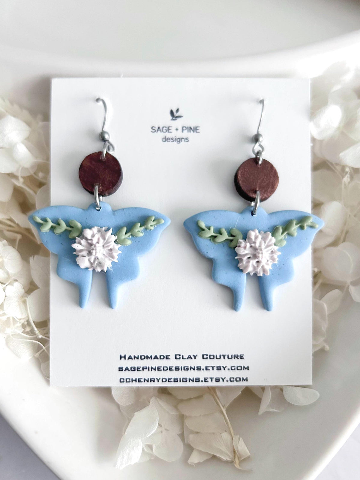 Handmade Clay Moth Earrings, Light Blue and White Floral Dangles, Pastel Wings, Wood Polymer