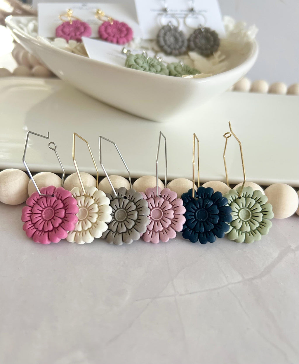 Blush Pink Flower Earrings, Floral Clay Hoop Dangles, Handmade Jewelry Gift for Mothers Day
