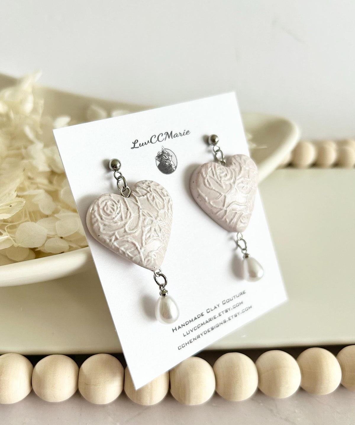 Blush Pink Wedding Earrings, White Pearl Bridal Dangles, Handmade Jewelry Gift For Bride