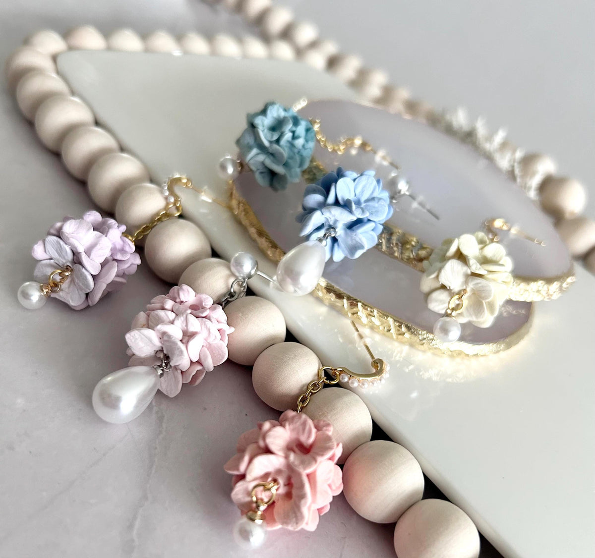Hydrangea Earrings, Flower Cluster Clay Dangles, Pearl Chain Pastel Floral Drop Unique Wedding Jewelry