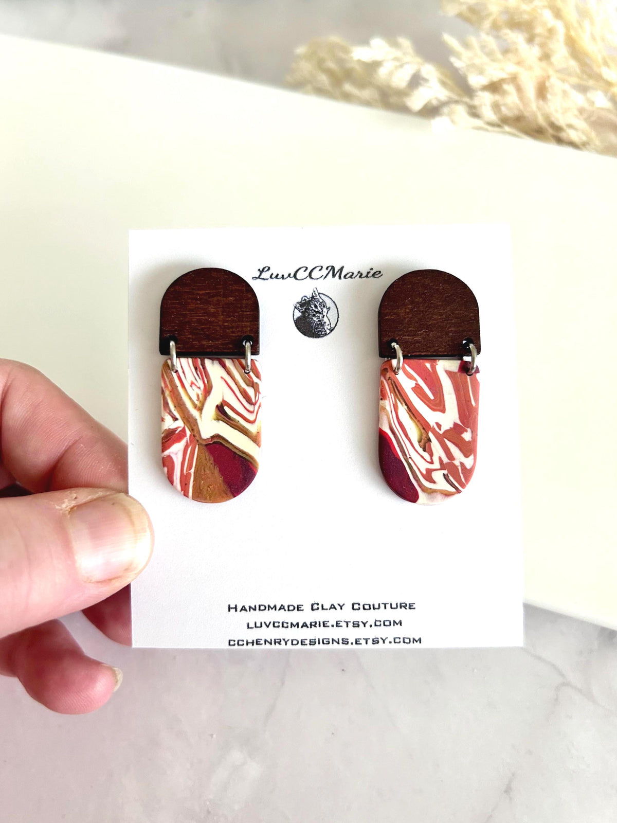 Dark Burgundy Red Clay Earrings, Terracotta Marbled Wood Dangles, Handmade Fashion Boho Jewelry