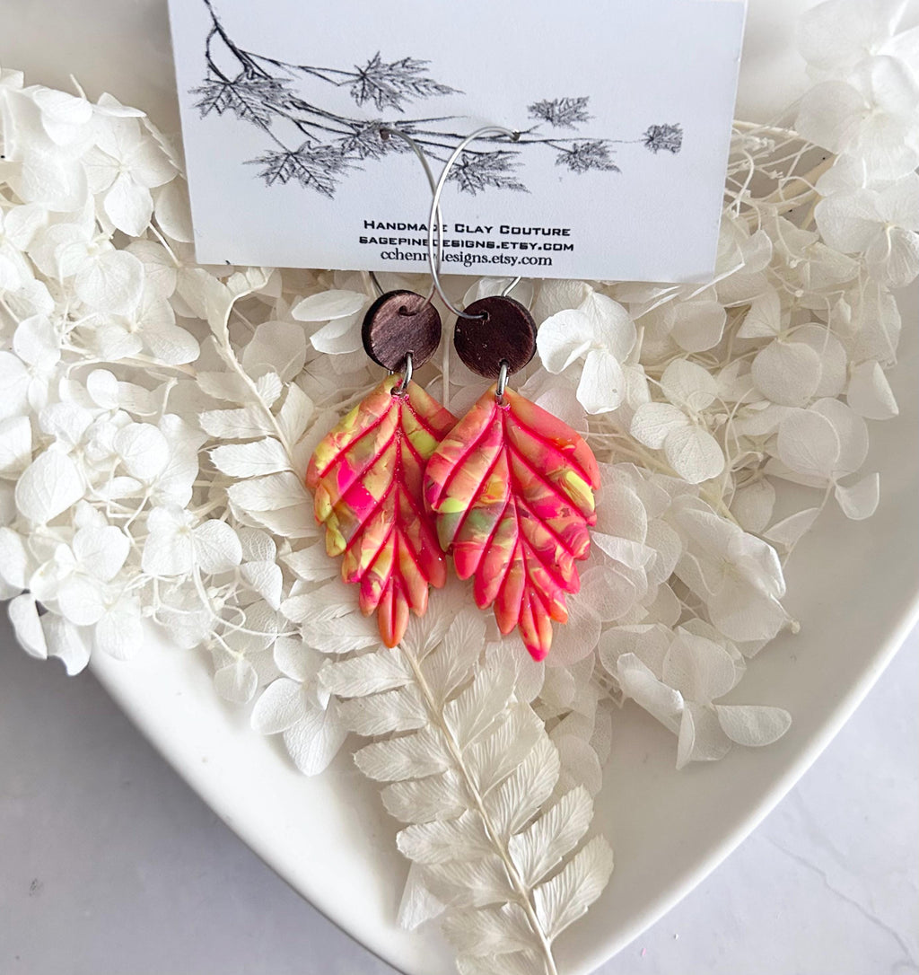 Neon Leaf Earrings, Walnut Wood Bead Earrings, Multicolor Dangles, Hypoallergenic Clay Lightweight Jewelry