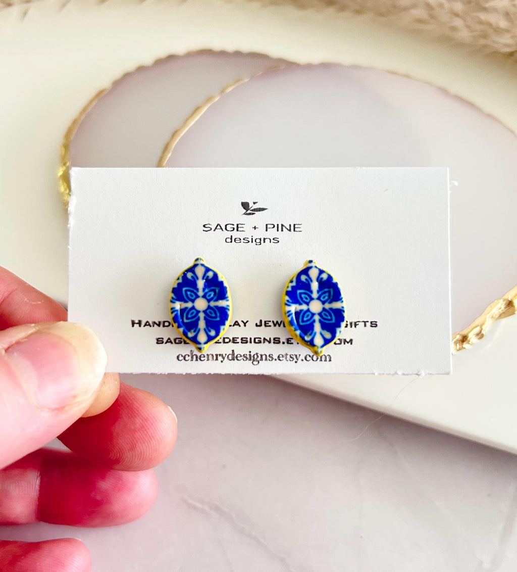 Handmade Lemon Santorini Tile Stud Earrings, Blue White Polymer Clay, Mediterranean Jewelry