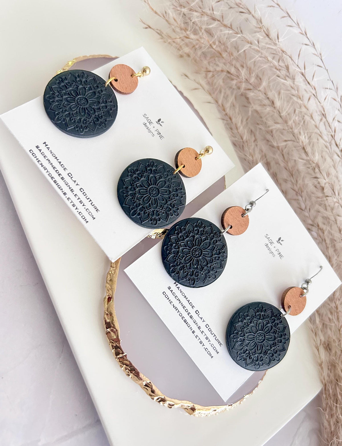 Matte Black Mandala Dangle Clay Earrings, Lightweight Wood Hypoallergenic Dangles, Modern Minimalist