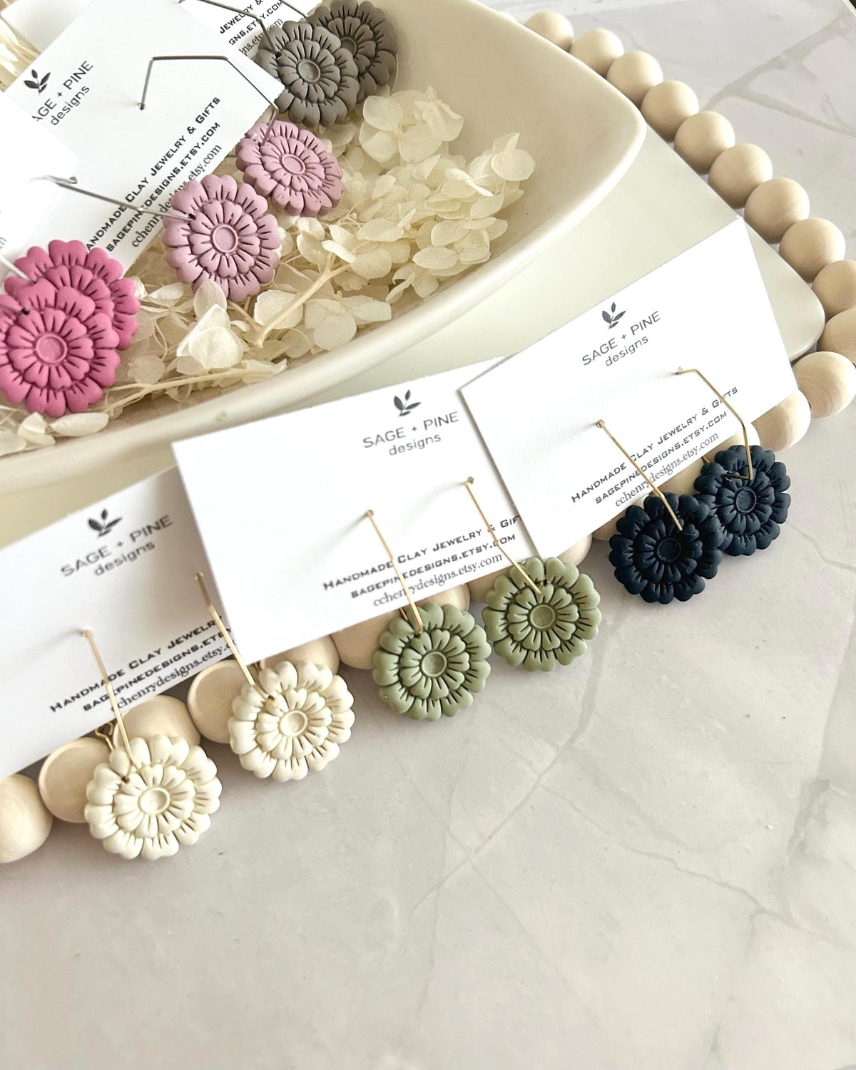 Clay Flower Hoop Earrings, Hypoallergenic Hoops, Geometric Dangle Minimalist Drops