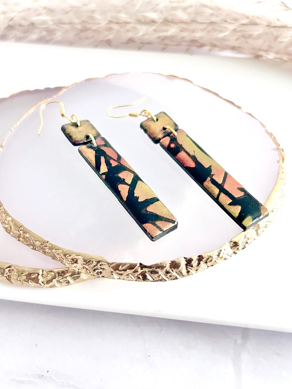 Hand Painted Bar Earrings, Black and Gold Abstract Fall Maple Leaf Metallic Ceramic Clay Dangles, Hypoallergenic Clay Lightweight Jewelry