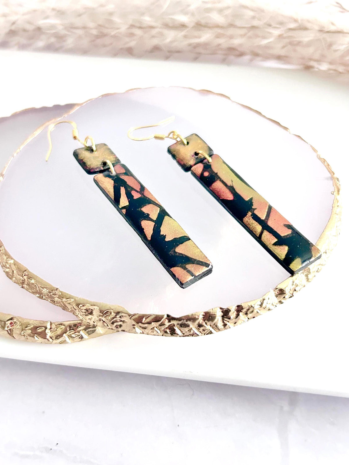 Hand Painted Bar Earrings, Black and Gold Abstract Fall Maple Leaf Metallic Ceramic Clay Dangles, Hypoallergenic Clay Lightweight Jewelry