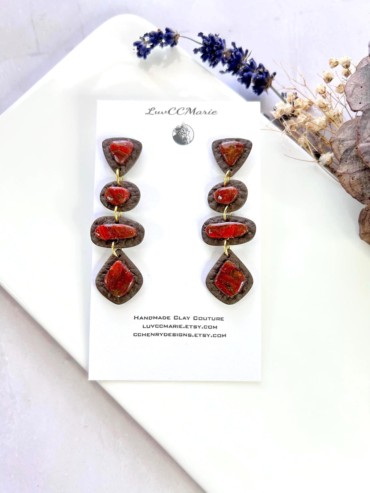 Red and Brown Marbled Stone Clay Earrings, Long Geometric Stud Dangles, Lightweight Hypoallergenic