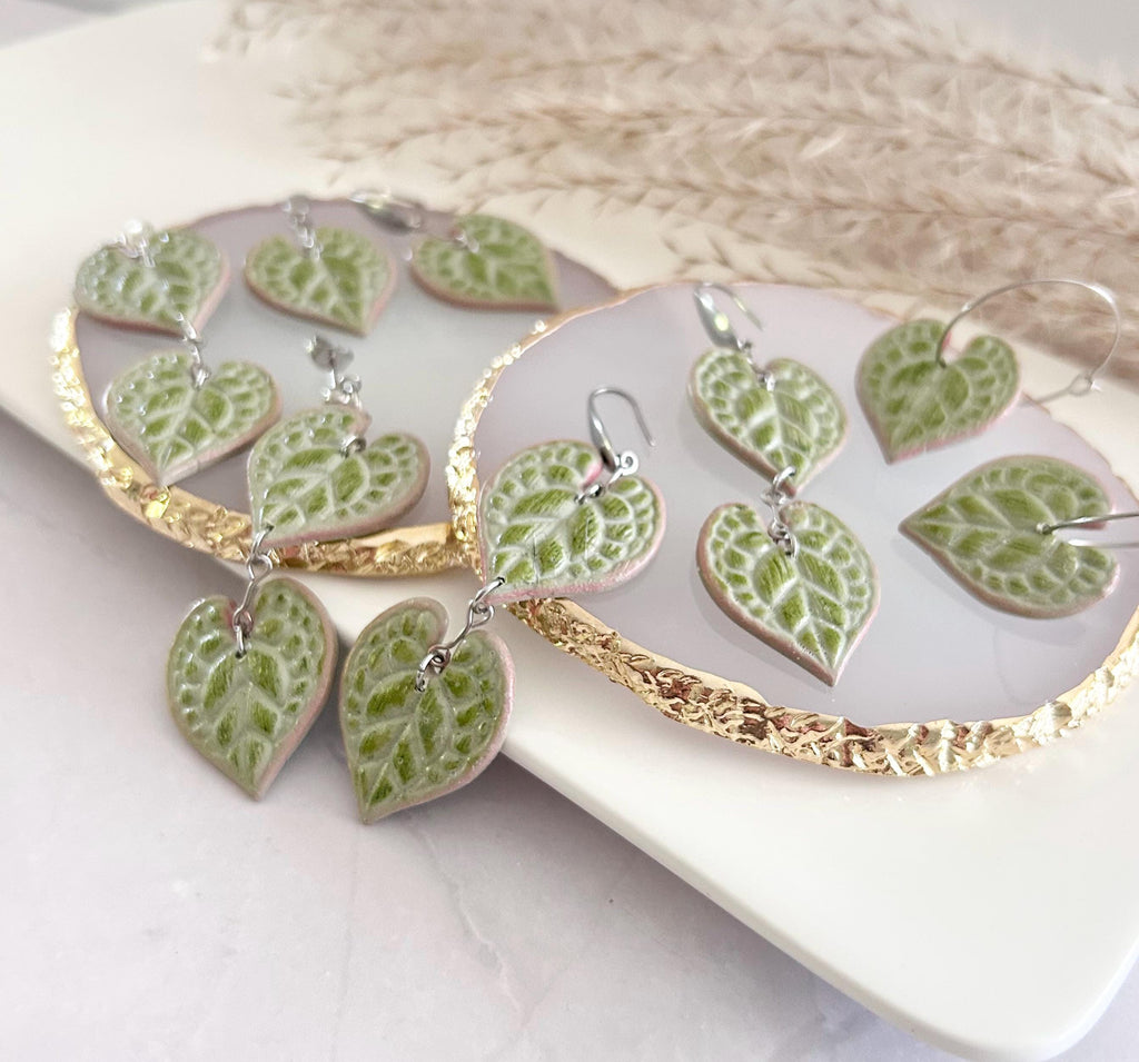 String of Hearts Leaf Earrings, Olive Pink Leaf Dangles, Clay Drop Houseplant Jewelry