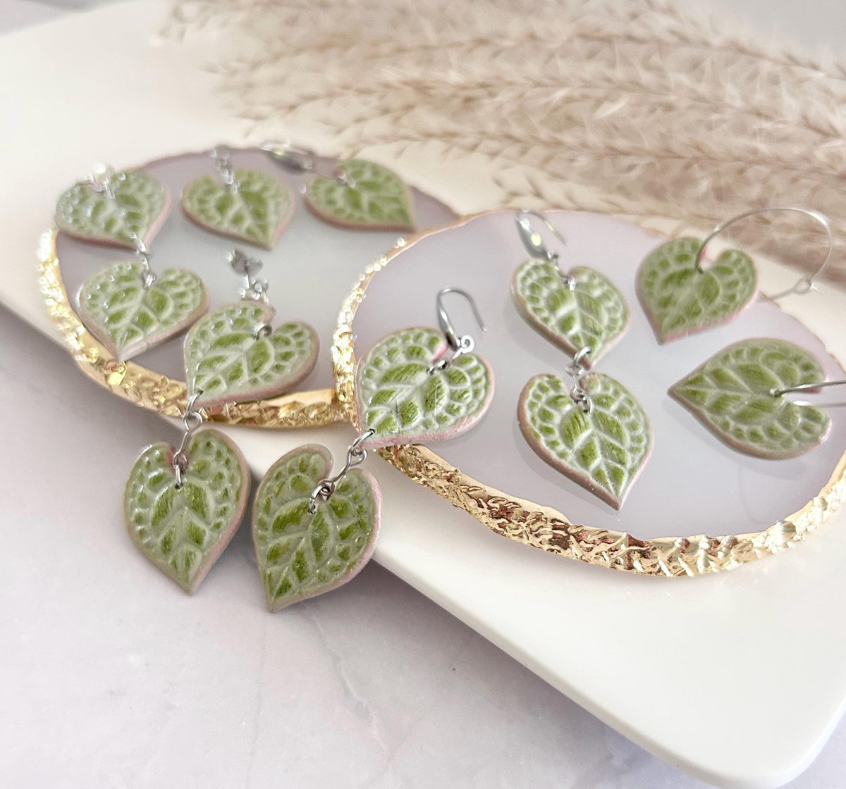 String of Hearts Leaf Earrings, Olive Pink Leaf Dangles, Clay Drop Houseplant Jewelry
