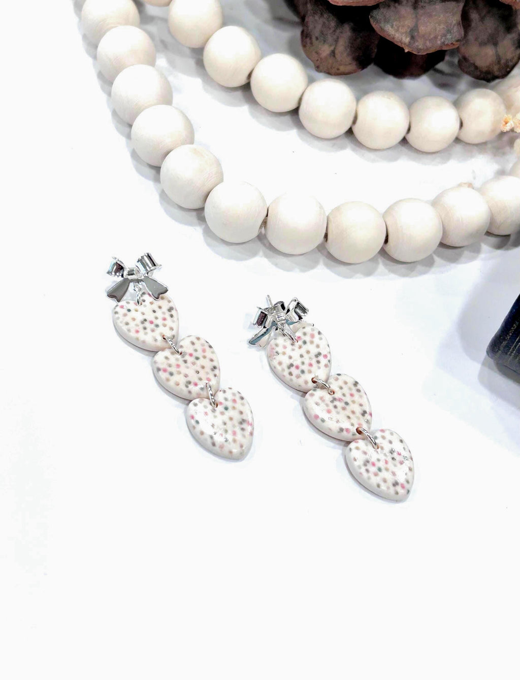 Handmade Clay Pastel Earrings, Rainbow Polka Dot Hearts, Long White Drop Dangles, Jewelry Gift