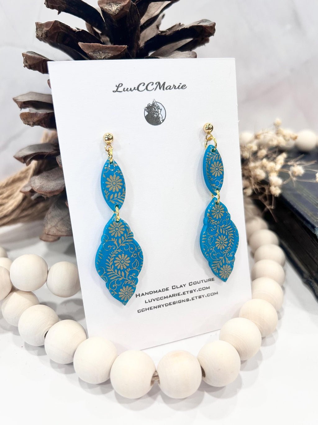 Teal Gold Baroque Earrings, Clay Long Dangles, Handmade Fashion Jewelry Gift