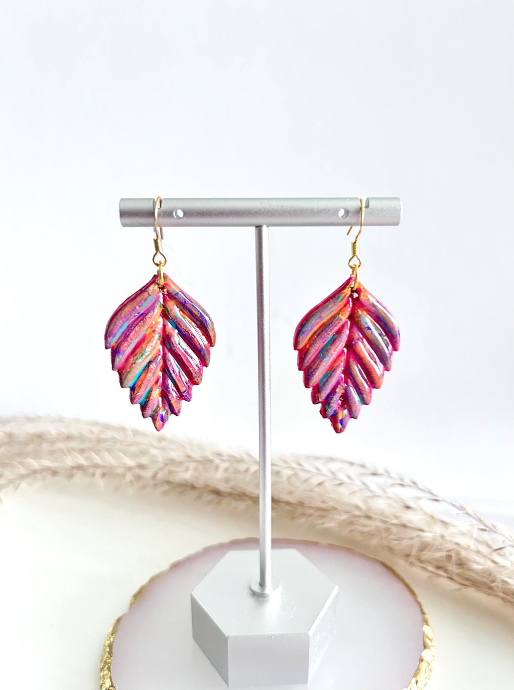 Hand Painted Leaf Earrings, 24k Gold Multicolor Earrings, Colorful Ceramic Clay Dangles, Hypoallergenic Clay Lightweight Jewelry