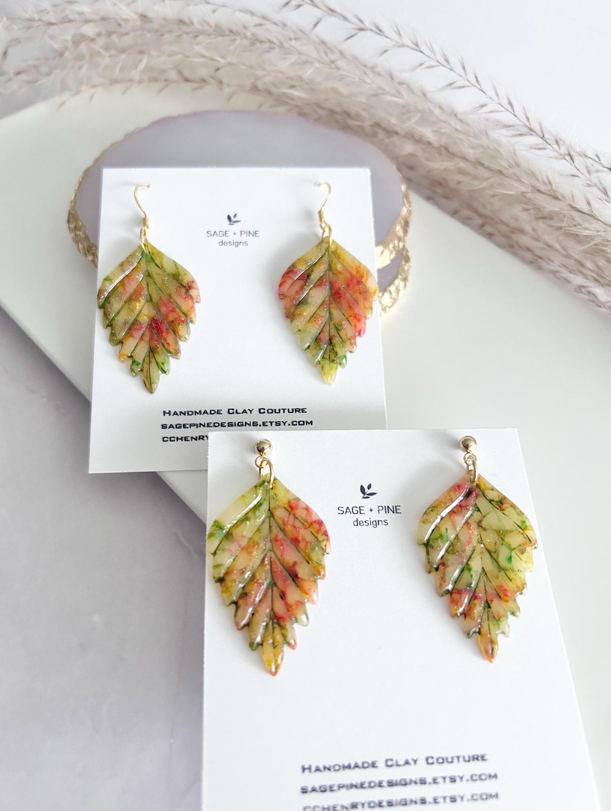 Multicolor Fall Leaf Earrings, 24k Gold Colorful Clay Dangles, Hypoallergenic Lightweight Boho Jewelry