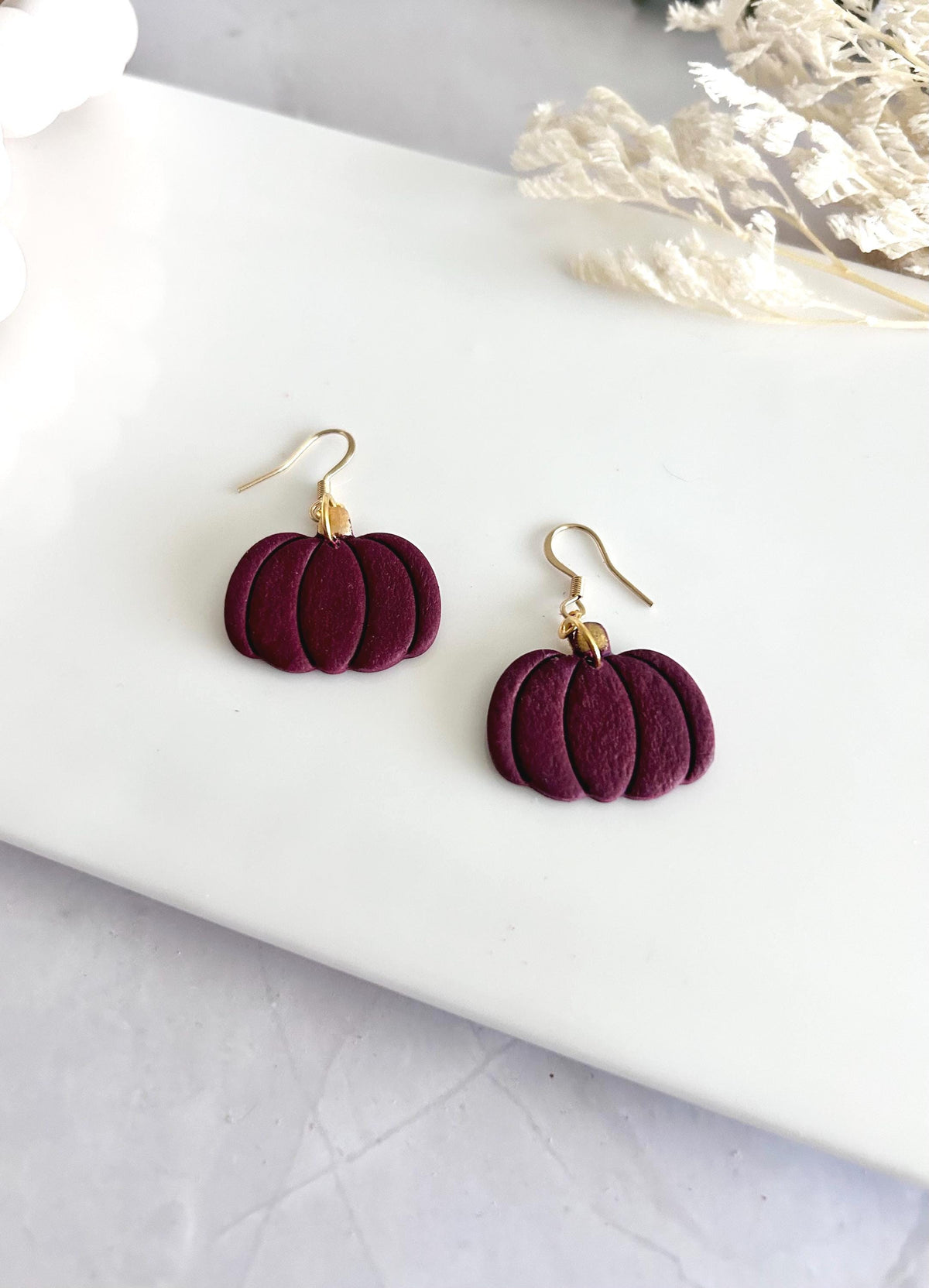 Burgundy Pumpkin Earrings, Gold Fall Leaf Clay Dangles, Handmade Boho Autumn Jewelry