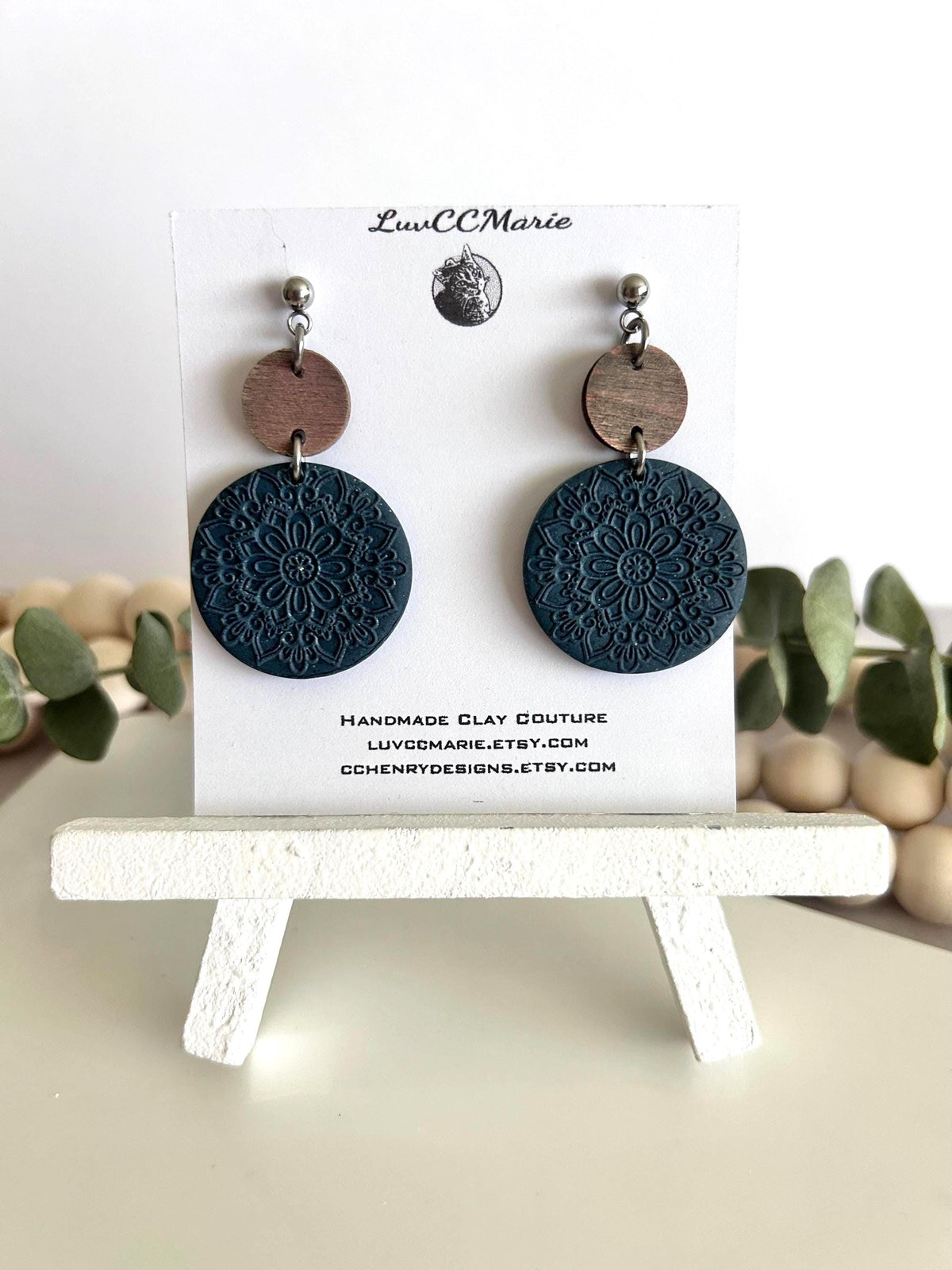 Dark Blue Clay Earrings, Round Mandala Embossed Dangles, Handmade Fashion Boho Jewelry