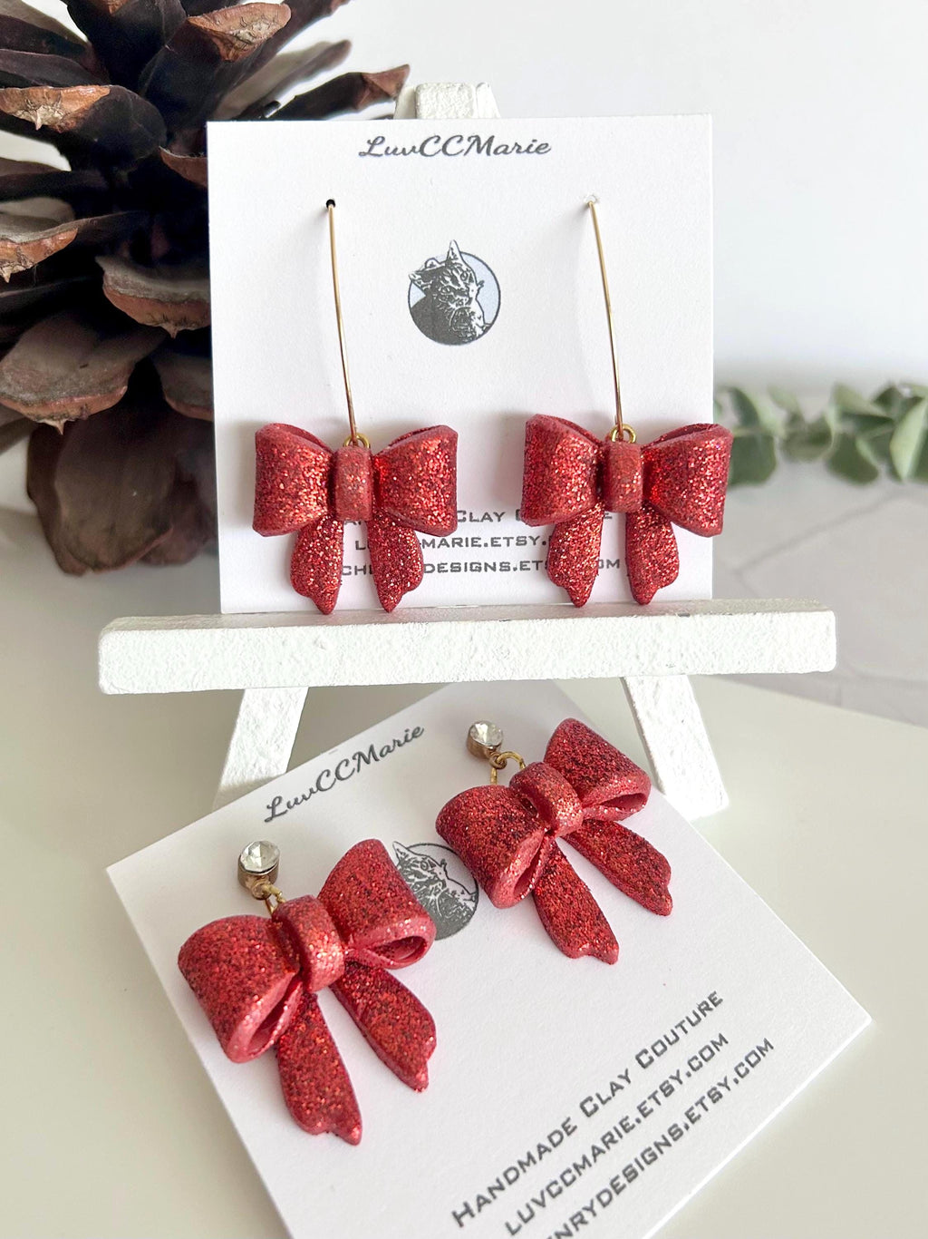 Glitter Bow Clay Earrings, Coquette Dangles, Handmade Holiday Jewelry