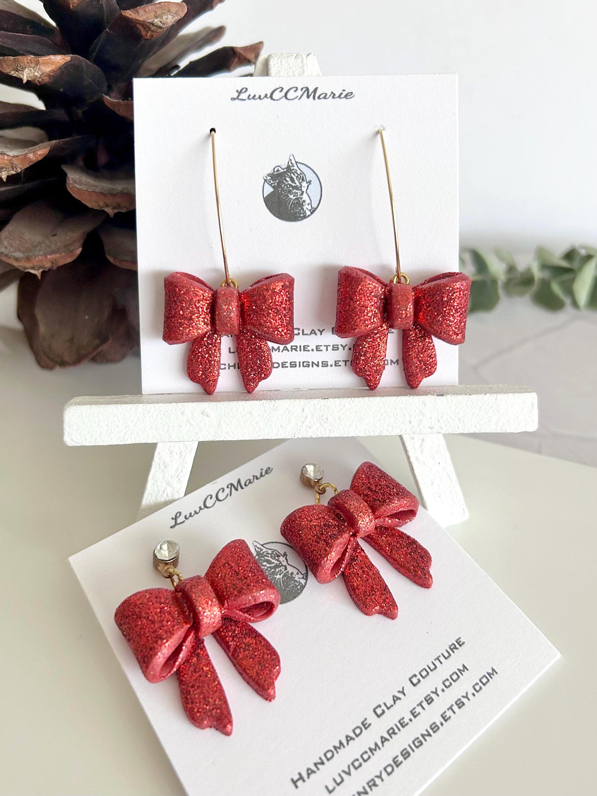 Glitter Bow Clay Earrings, Coquette Dangles, Handmade Holiday Jewelry