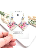 Hummingbird Bead Dangles Earrings, White, Pink and Light Blue Handmade Clay Jewelry Gift