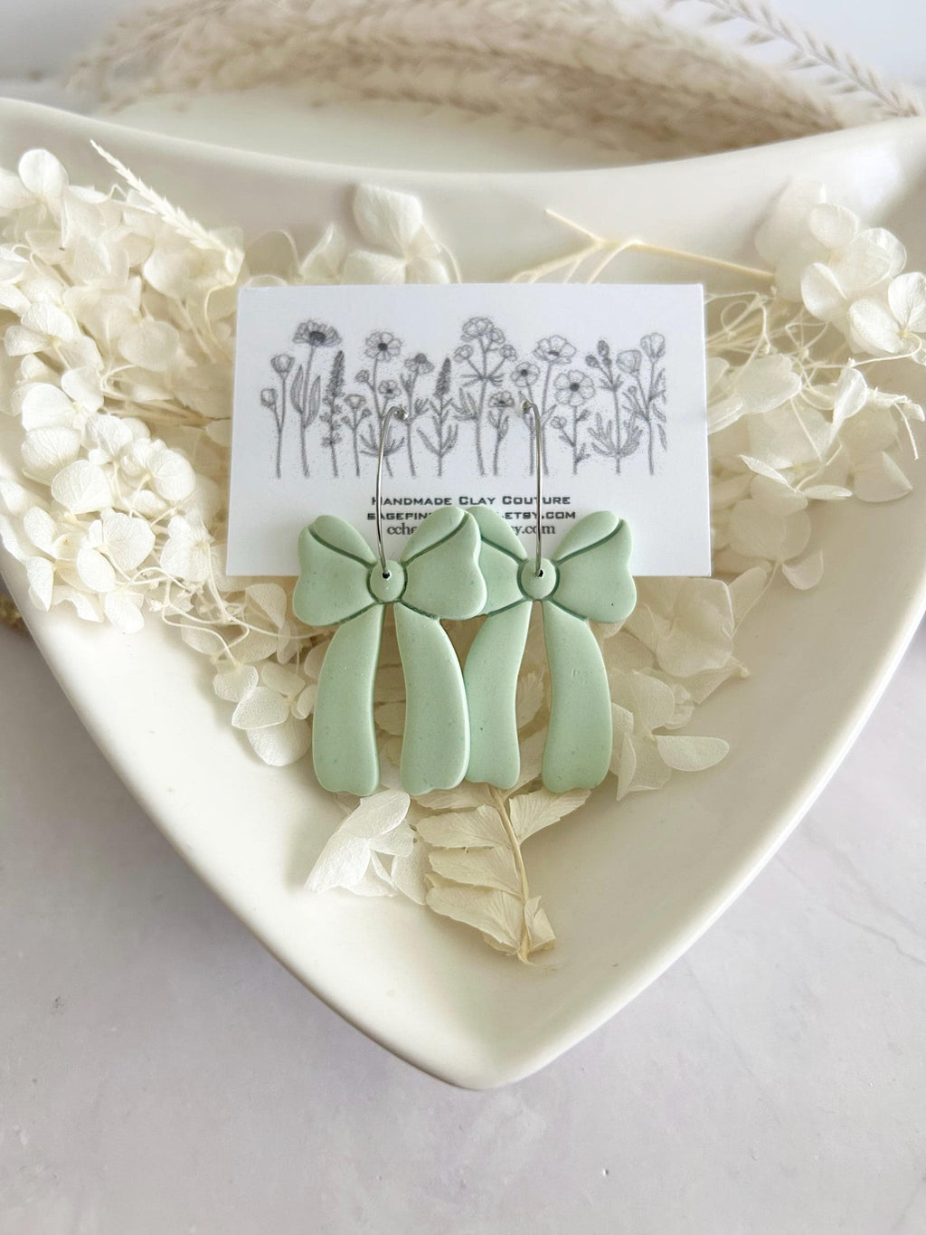 Sage Green Bow Earrings, Fall Statement Hoop Dangles, Boho Clay Handmade Jewelry